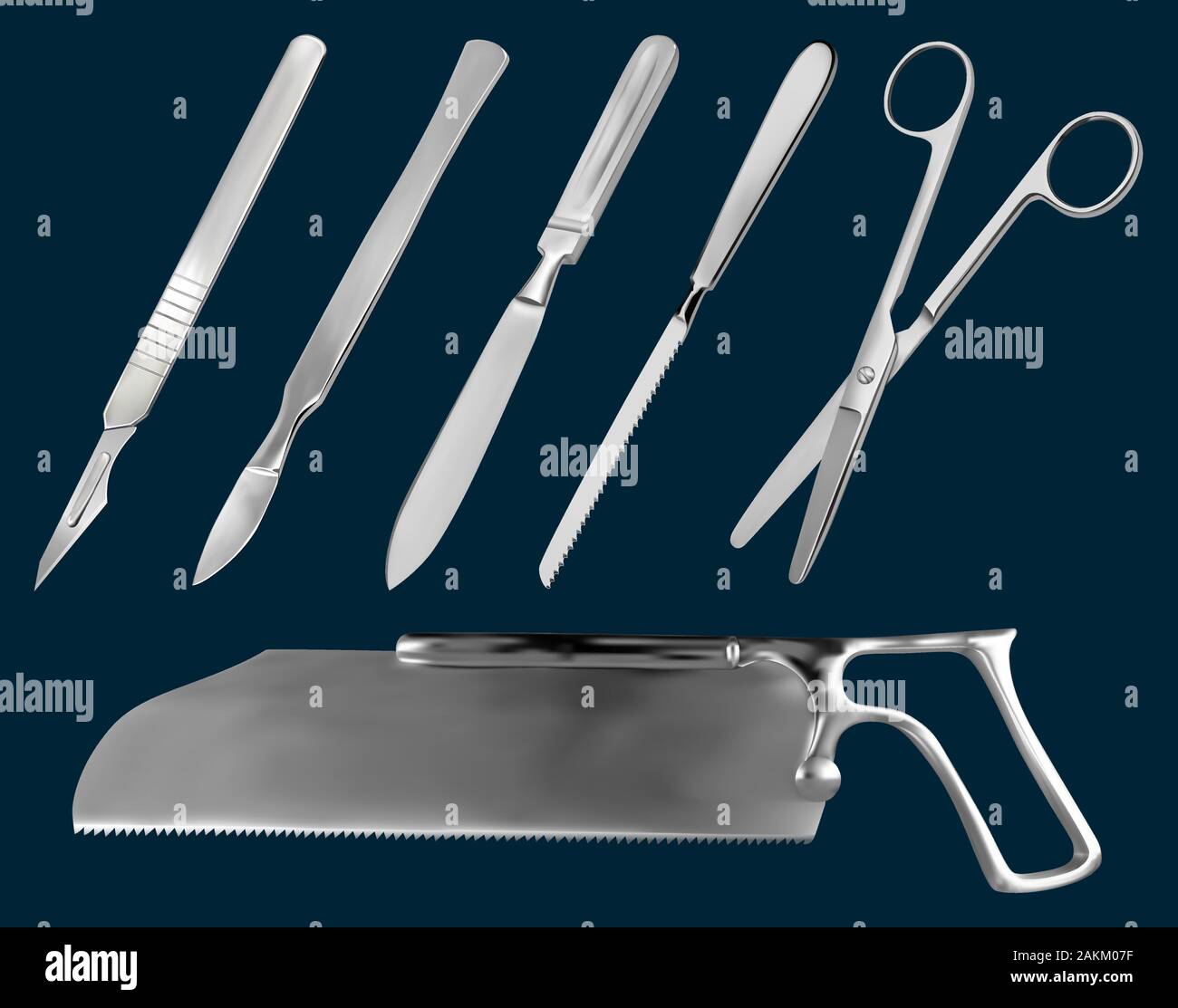Un conjunto de herramientas de corte quirúrgico. Bisturí reutilizables