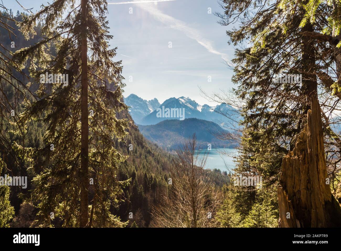 Hermosa vista de las montañas con nieve y árboles Foto de stock