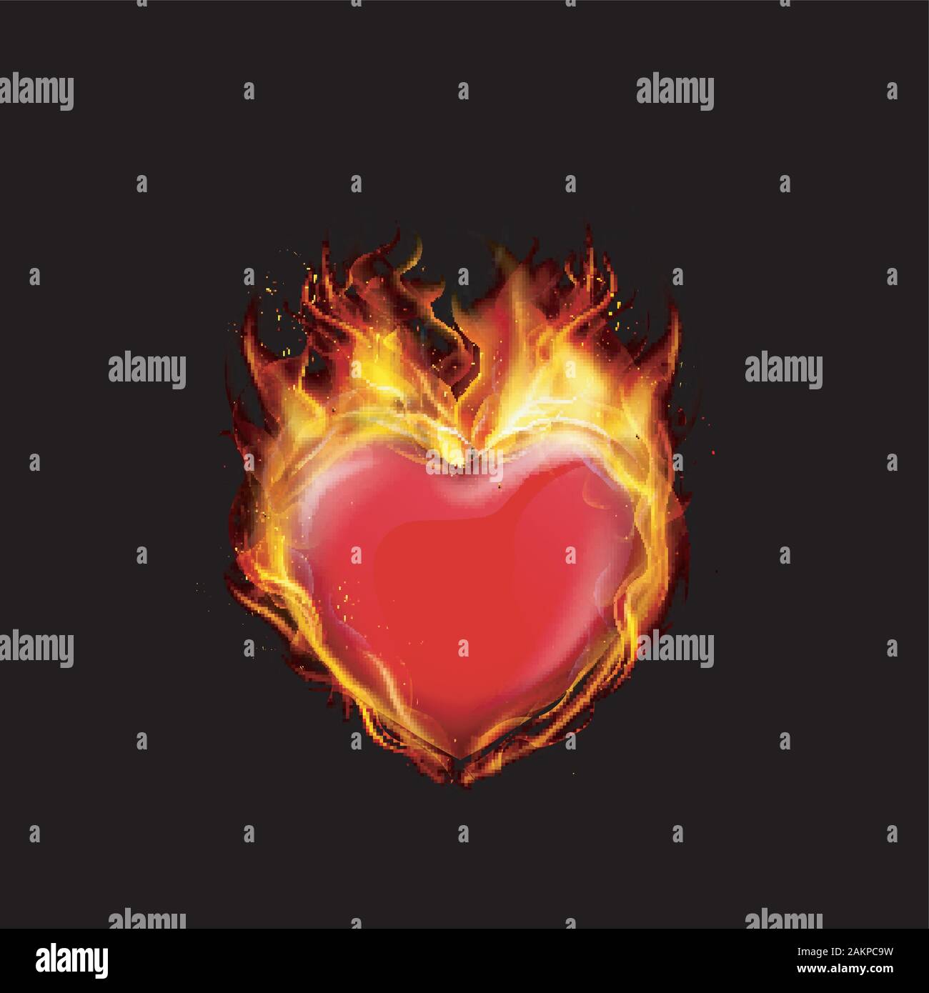 Fuego quemando un corazón sobre fondo negro. Vector Ilustración del Vector
