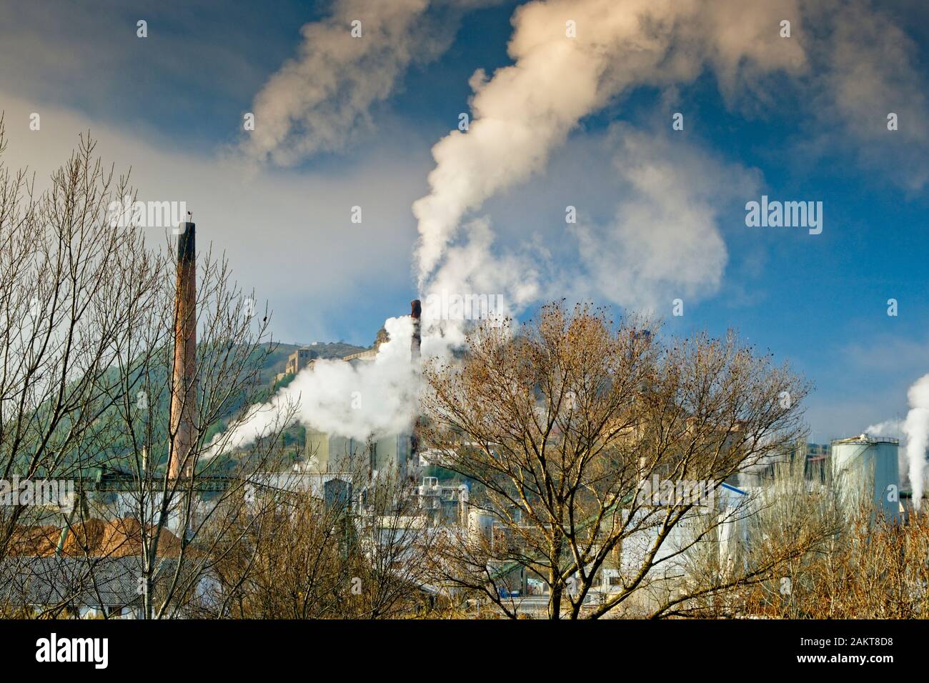 Contaminación atmosférica en una planta industrial. Foto de stock