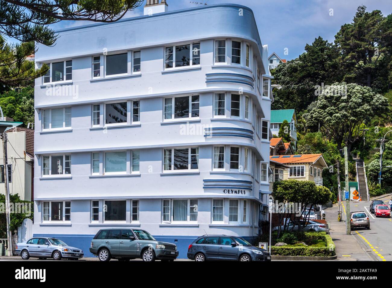 Art Deco apartamentos Olympus, por Edmund Anscombe, 1938, Oriental Parade, Wellington, Nueva Zelanda Foto de stock