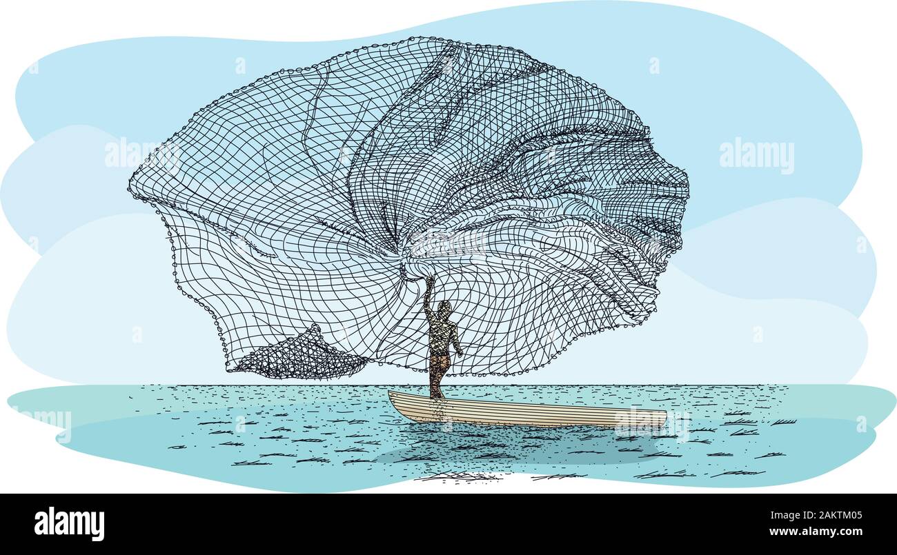 Técnica de pesca artesanal en el río llamado Atarraya - red de pesca en  lengua española: la silueta del hombre en una pequeña canoa lanzando la red  de pesca Imagen Vector de