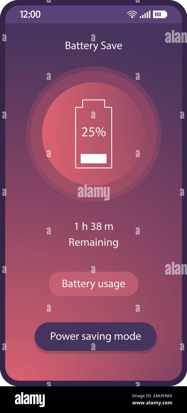 Economizador de batería interfaz smartphone app plantilla vectorial. La  aplicación de la utilidad de la página móvil de diseño de color púrpura.  Modo de ahorro de energía gradiente plana de IU. Cha