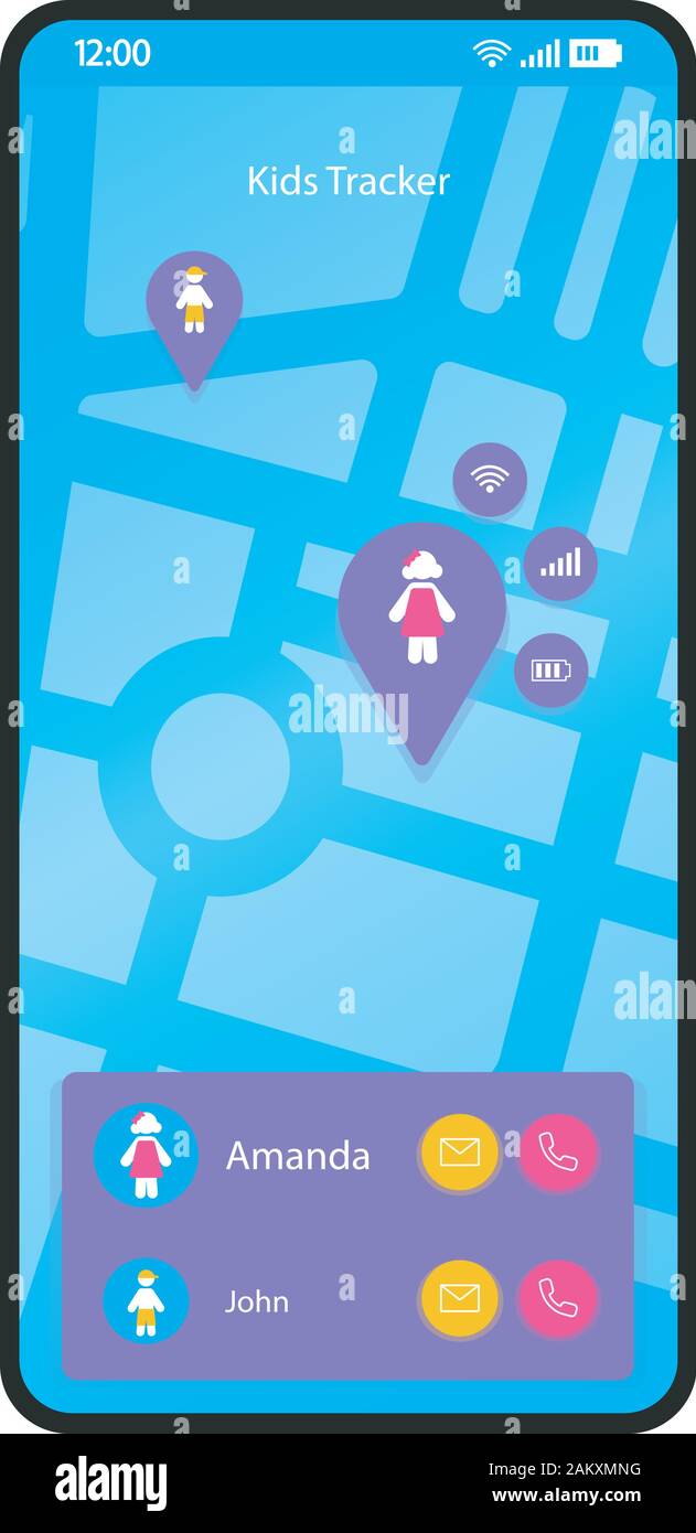 Niños GPS tracker interfaz smartphone plantilla vectorial. Mobile App page  layout azul. Los niños localización, navegación buscador de pantalla. Iu  plana para Imagen Vector de stock - Alamy