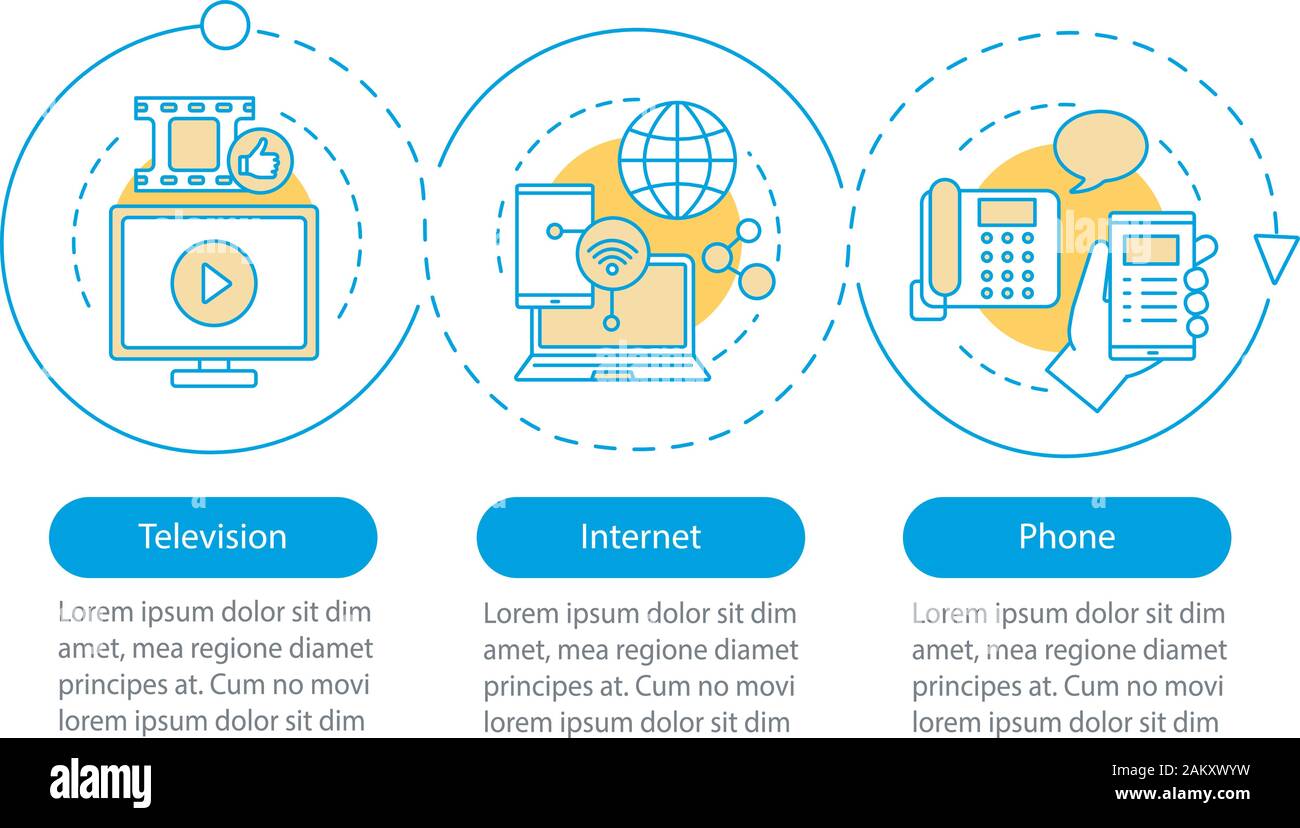 Televisión, Internet, teléfono paquete infográfico vector plantilla. Los  proveedores de servicios de comunicación planes tarifarios. Visualización de  los datos con tres pasos, opciones. P Imagen Vector de stock - Alamy