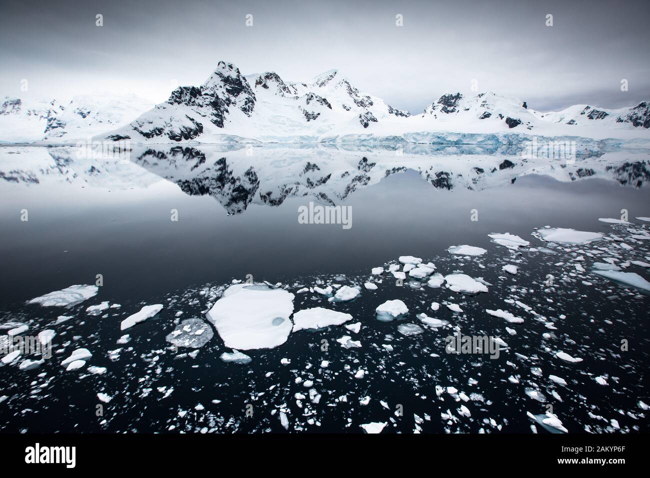 Glaciar hielo, hielo de ladrillo, icebergs frente a las montañas y glaciares de la bahía del Paraíso con reflejos oceánicos sobreatmosféricos, Antártida Foto de stock