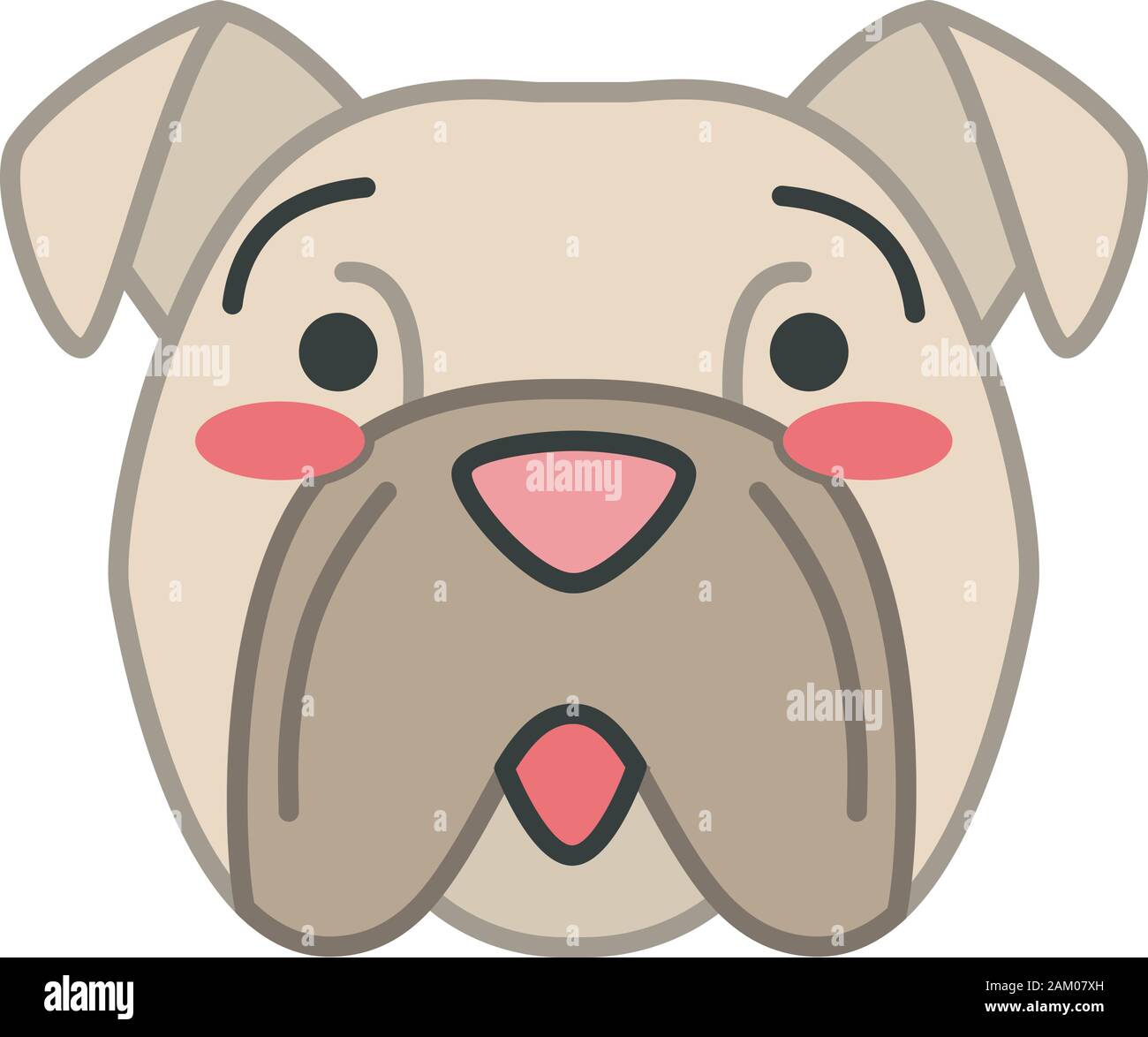 Bulldog cute kawaii carácter vectorial. Perro con calla el hocico. Vergüenza nacional a lo perrito. Enjuagar el animal con la boca abierta. Gracioso emoji, adhesivo, emoti Imagen Vector stock -