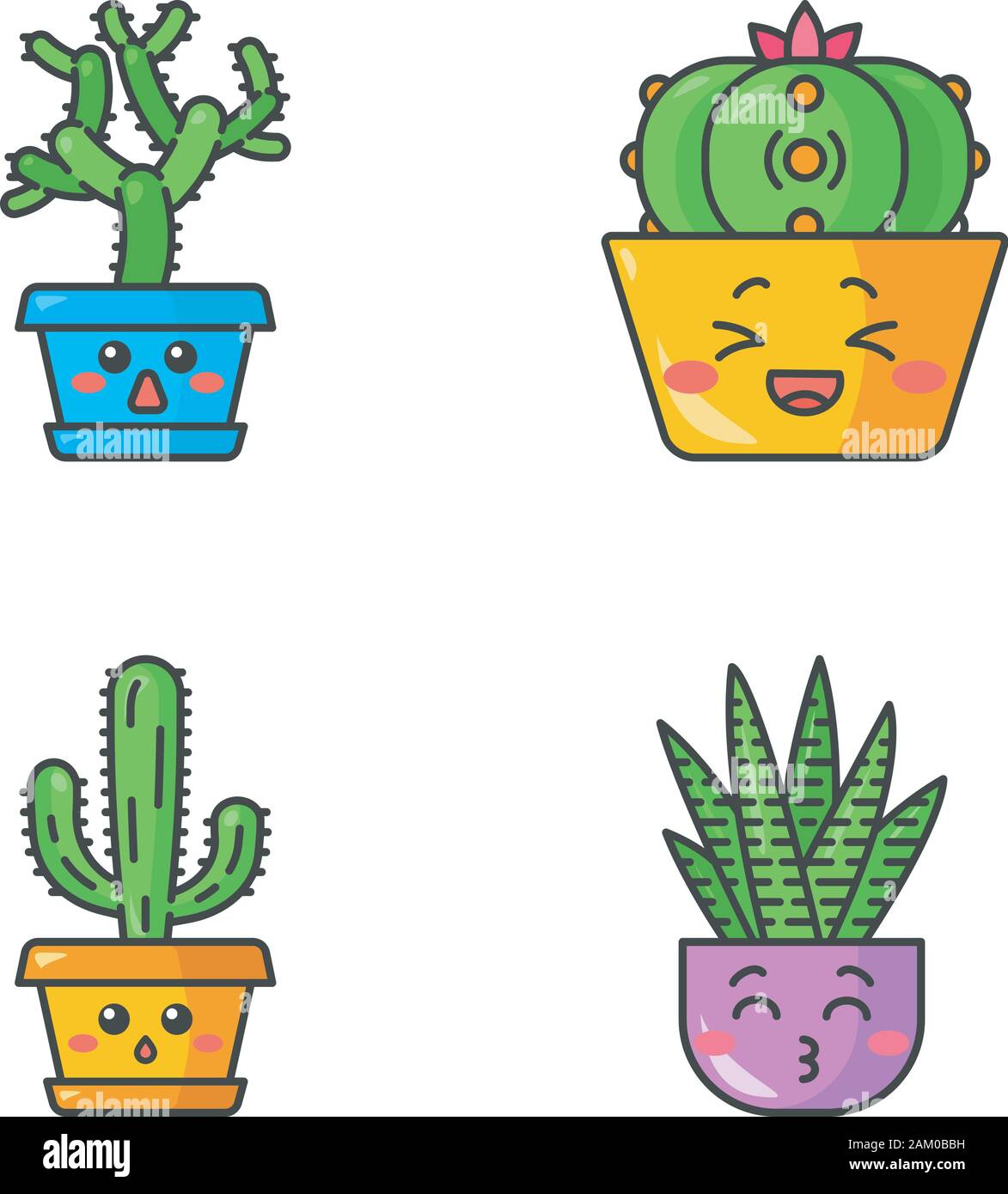 Cactus cute kawaii vector de caracteres. Las plantas con rostros tristes.  Cactus elefante silenciado. Laughing peyote. Besos zebra home cactus.  Gracioso emoji, e Imagen Vector de stock - Alamy