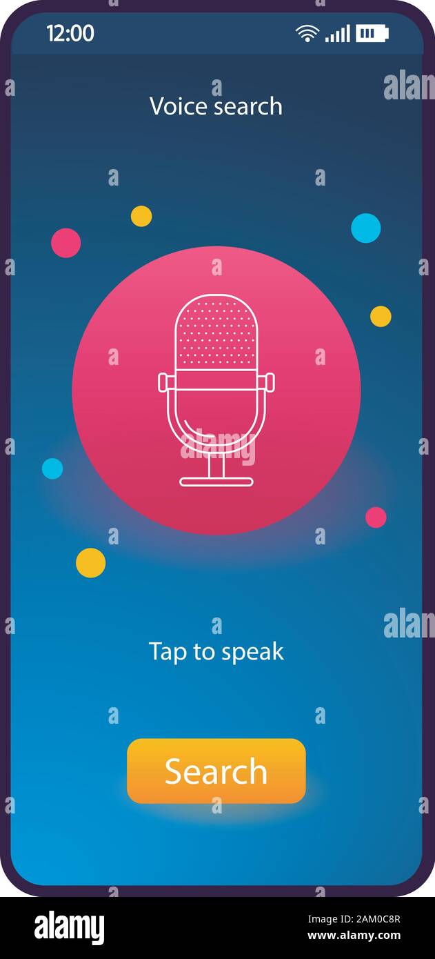 Botón de búsqueda de voz interfaz de smartphone plantilla vectorial. Página de la aplicación móvil de diseño azul. Botón Mic pantalla del teléfono.Speech recognition MICR Ilustración del Vector