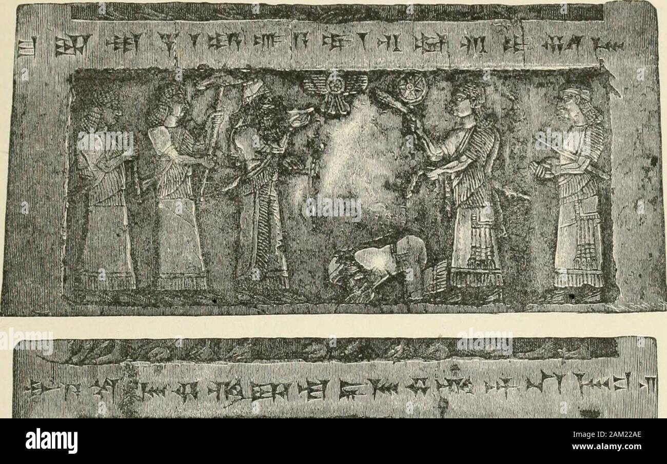 Una historia de todas las naciones, desde los primeros tiempos; siendo una biblioteca histórica universal . 1 UtS " iiul 10 - 1 wo encendida K ti 111 til ()l)t.h&GT;k i t Ml iliii lilt Ml HI rt St uliii^ I i iiutribute hii, a.c. b42. Loudou, Eritis.li Museo. Sus pies postrados, y detrás de la figura se encuentran dos funcionarios asirio.En el centro, sobre él se cierne el disco solar alado, como símbolo del dios Asur ; junto a esto un círculo con una estrella, el sol. Entre thearticles de homenaje son una ce^uipped dos caballos y camellos bactrianos.La ropa de los hombres consta de tapas con picos desmayado, EL OBELISCO DE SIIALMAXi:suario. 6 Foto de stock