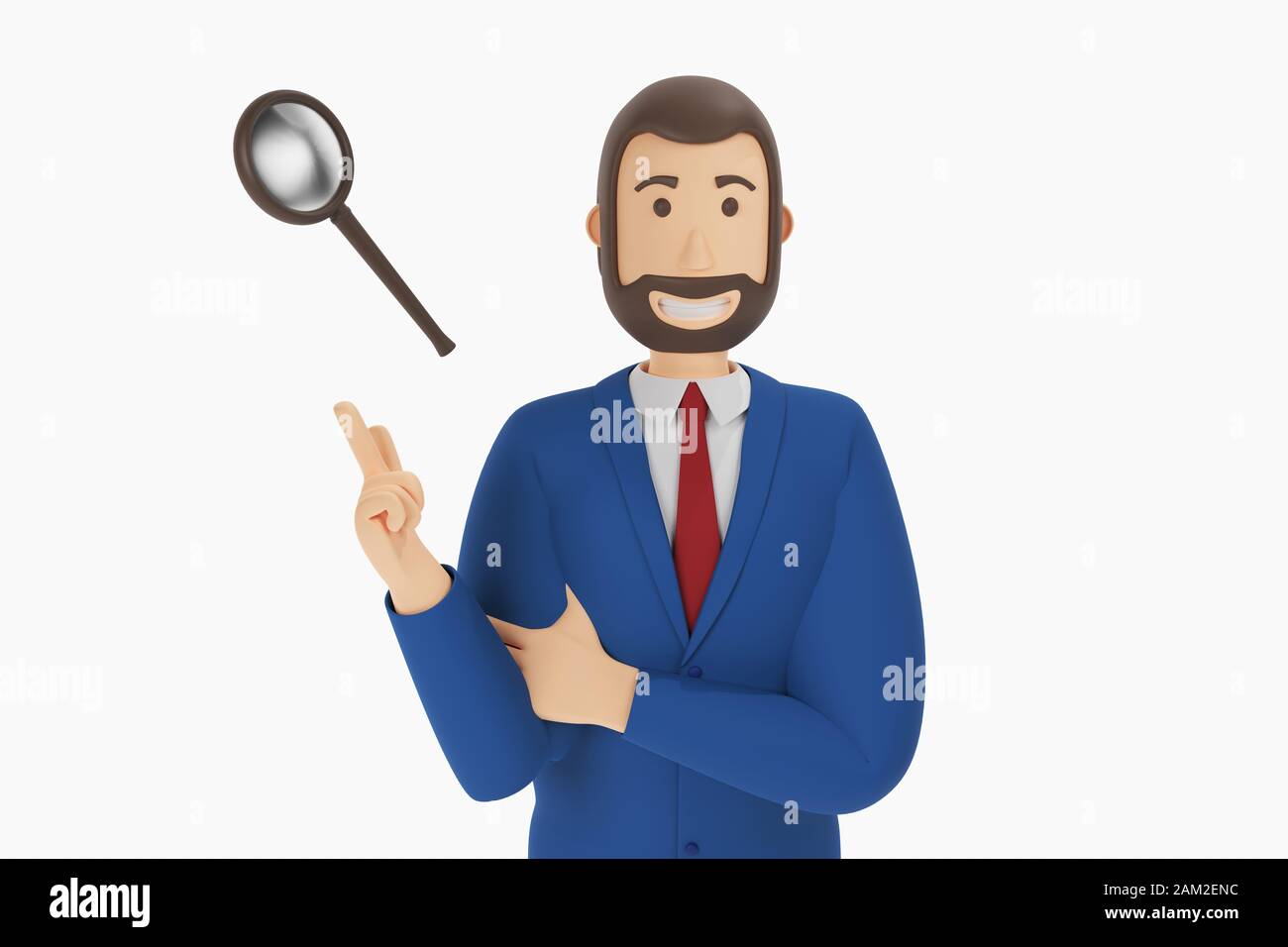 Personaje de dibujos animados, hombre de negocios en traje con dedo  apuntando a una lupa. Icono de concepto de búsqueda de lupa. renderizado en  3d Fotografía de stock - Alamy