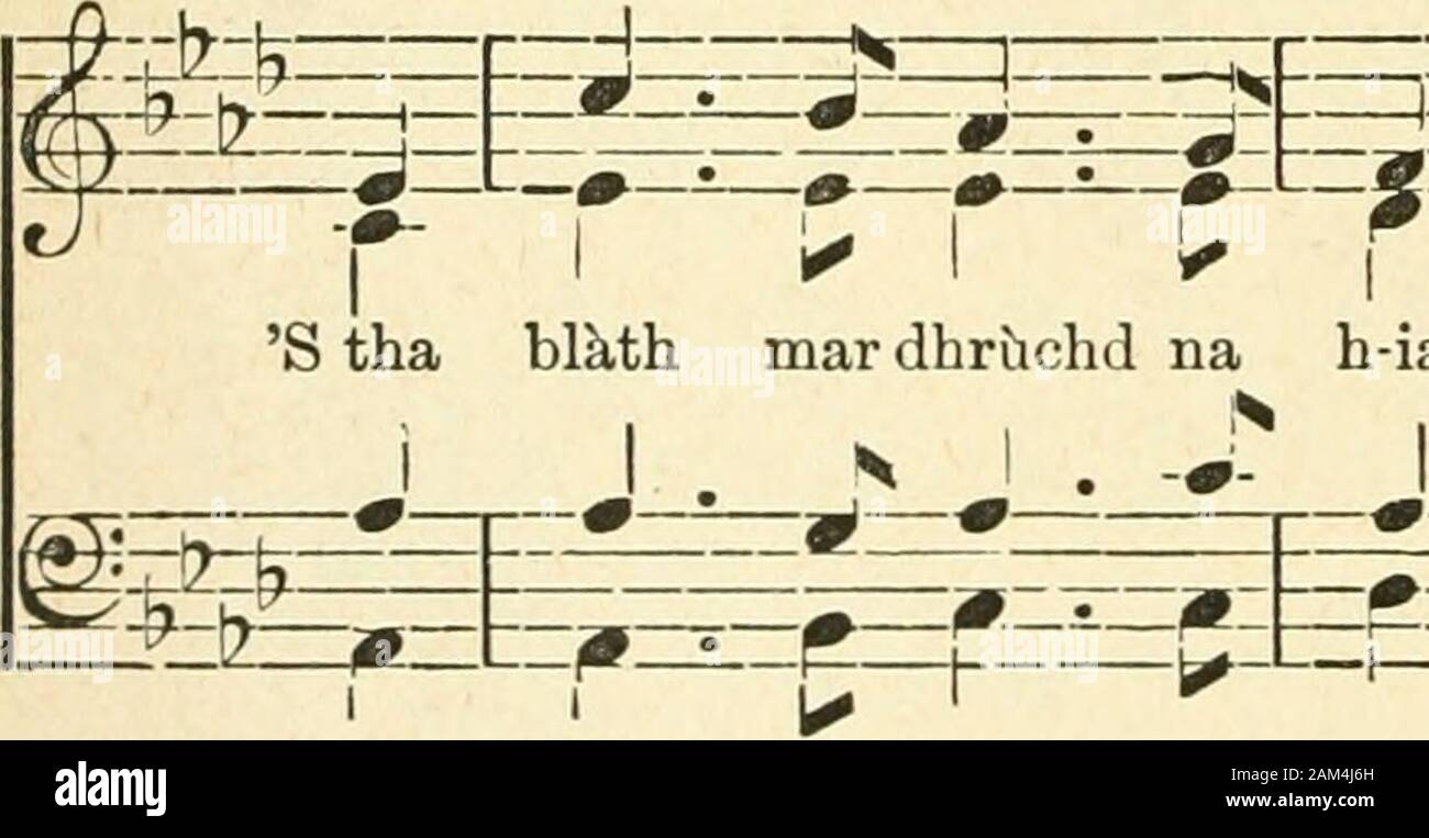 Una' choisir-StColumba chiuil : la colección de canciones en gaélico, dispuestos para cantar . rallentando. :^^:. 2 S ann thig un am siod fasan airDo chuailean maiseach donn, Siiil chorrach como glan sealladh aprender,Mar dhearcagan nan desgarrado ;do mar na rosanNuair ghruaidhean un bhios iad 6g us fann,S ¿shlios mar fhaoileann mara,No mar chanach nam beann geal. 3 Mo chailin chruinn, dheas, Tha urram fhuranach,Ort Nach gann, S tu thogadh smal us mi-ghean dhiom,un uair bhiodh m inntinn trom ; S tu dheanadh trie dhomh urachadh,S bu shunndach thogadh fonnLe guth mar cheol na f idhleNo mar smeorach bhinn nam Foto de stock