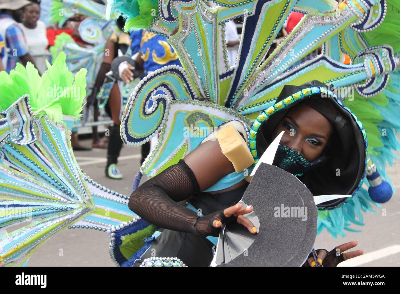 Mujer en traje de pavo real con un ventilador en la celebración del  festival Junkanoo en Nassau, en las Bahamas el Boxing Day Fotografía de  stock - Alamy