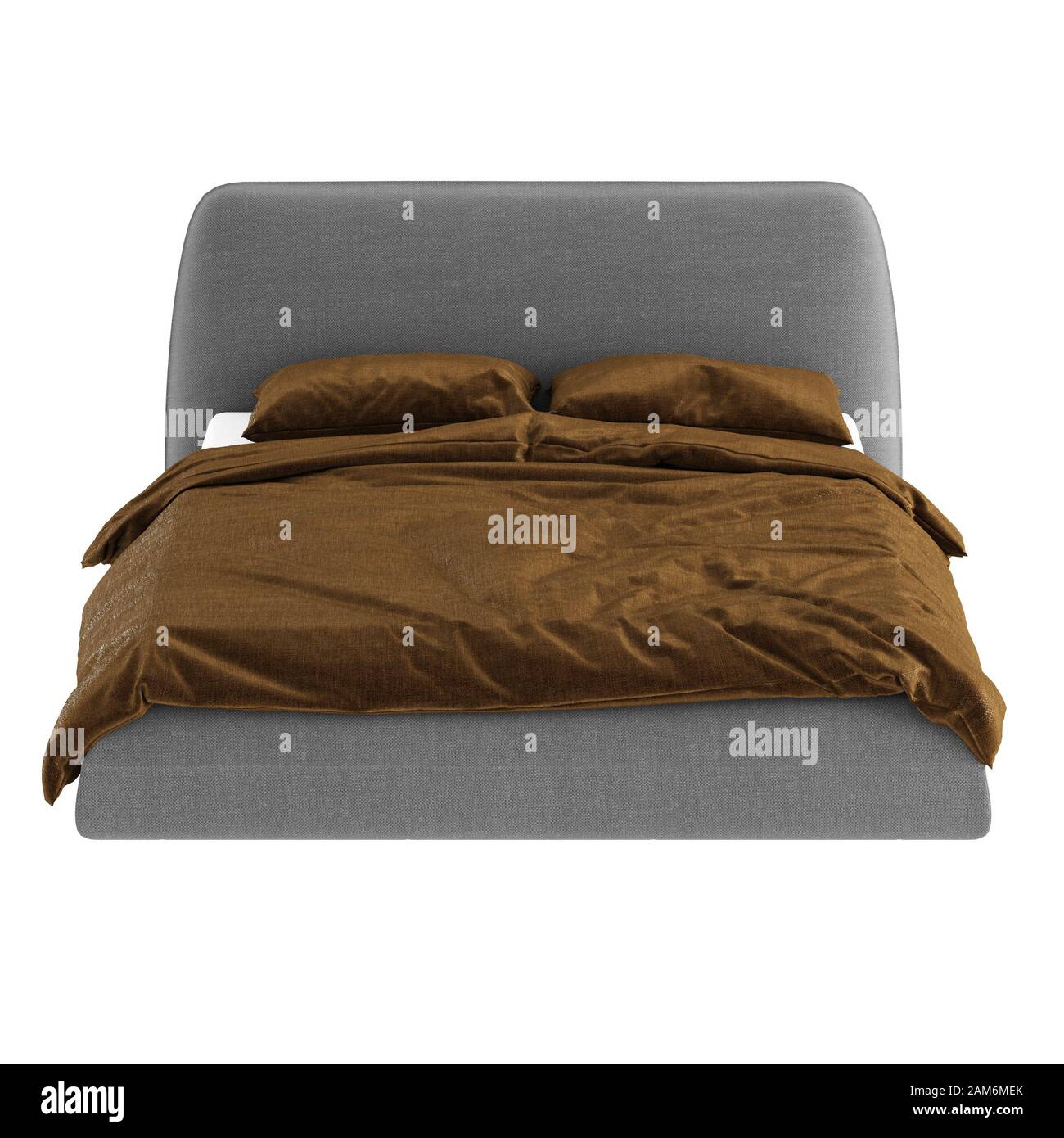 Una cama doble de color gris suave sin encerados con ropa de cama marrón sobre un fondo blanco. renderizado en 3d Foto de stock