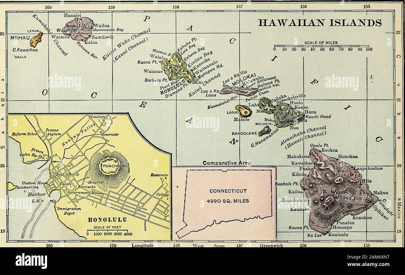 Geografía avanzada . Lago de lava, de Hawaii. Longitud Islas Hawaianas.  correa de la región costera se compone de tractos, nivel o sabanas,  alter-nating con áreas ridgy desiguales. Puerto Rico, como Cuba,está