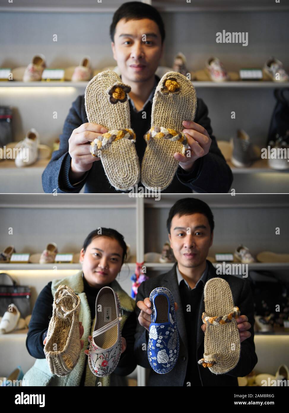 200112) -- GANGU, 12 de enero de 2020 (Xinhua) -- Combo Photo muestra a Niu  Junjun presentando un par de zapatos de cáñamo del mismo estilo presentado  a su esposa durante sus