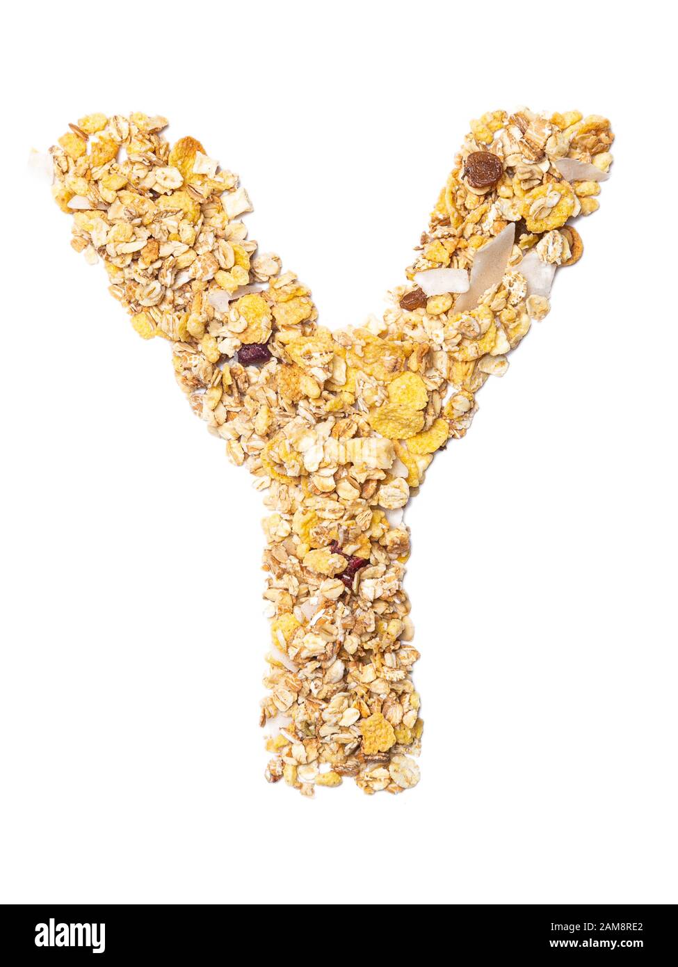 Letra y del alfabeto inglés muesli con coco, bayas, pasas, cereales y