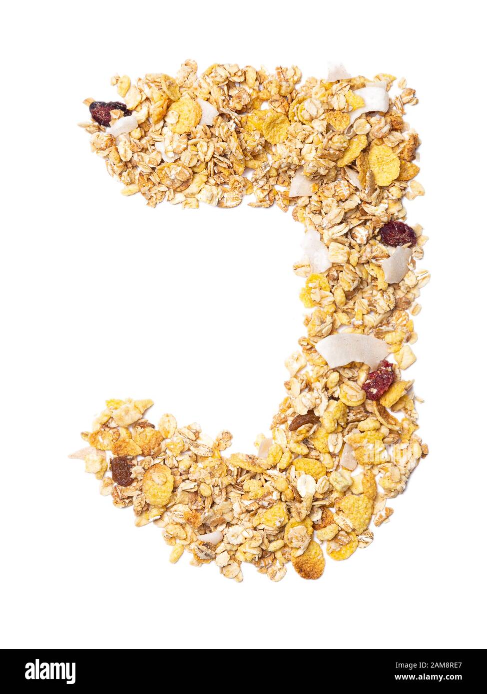 Letra J del alfabeto inglés muesli con coco, bayas, pasas, cereales y