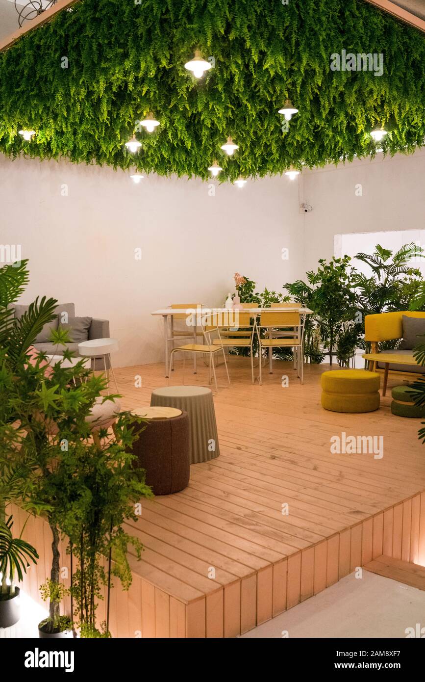 Decoración interior con plantas verdes y lámparas en el techo, acogedor lugar con sofá suave, silla cómoda y escritorio. Foto de stock