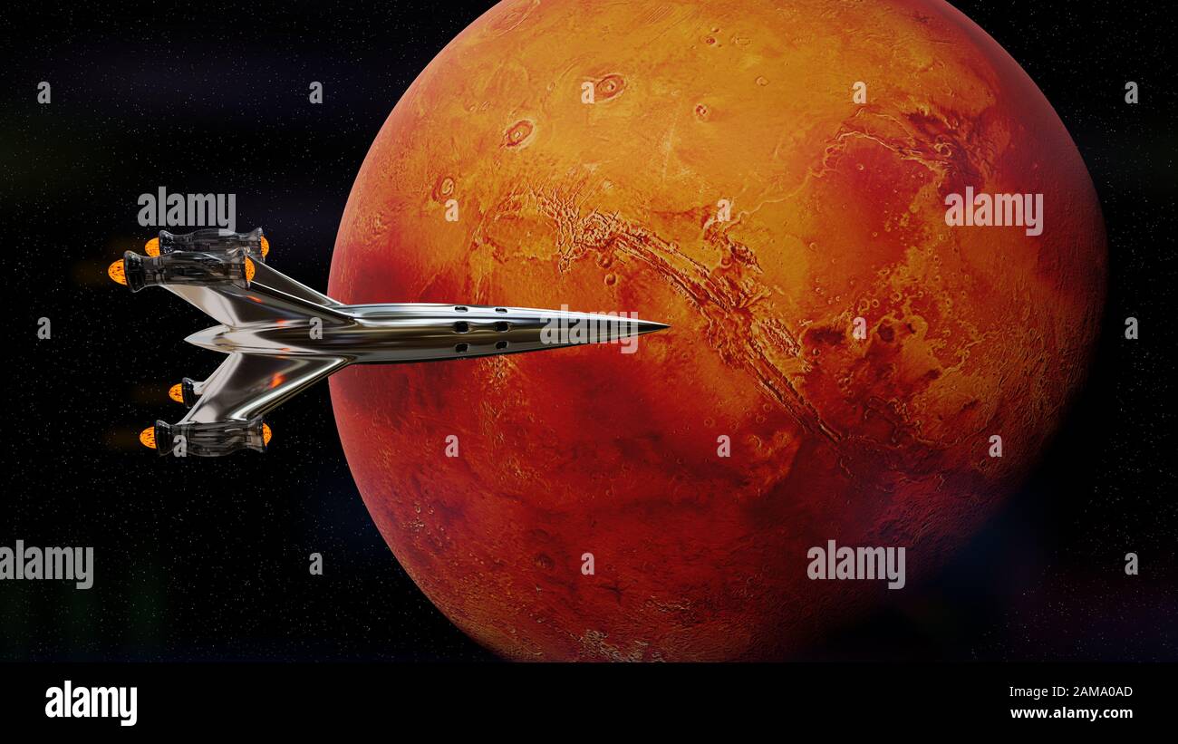 Nave espacial en órbita del planeta Marte, misión al planeta rojo Foto de stock