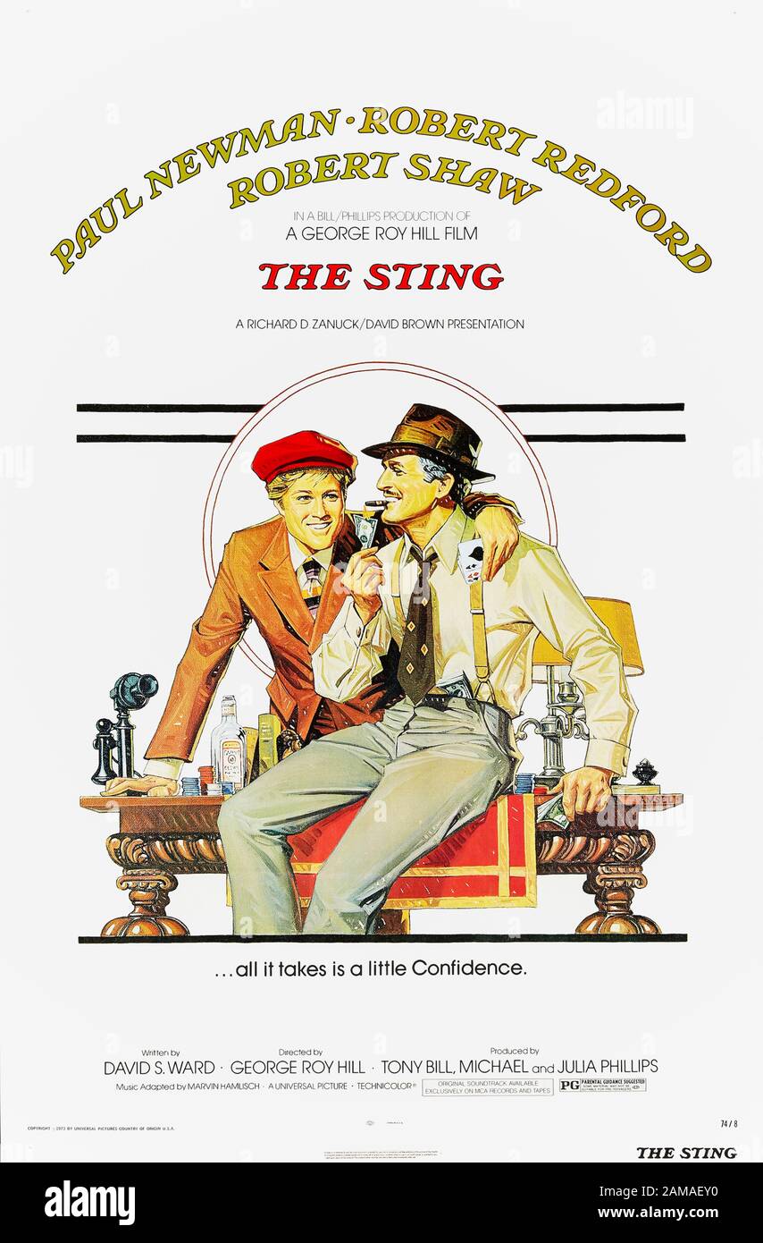 The Sting (1973) dirigida por George Roy Hill y protagonizada por Paul Newman, Robert Redford y Robert Shaw. Oscar ganador del crimen caper cerca de dos grifters que se unen para con un jefe de la muchedumbre. Foto de stock