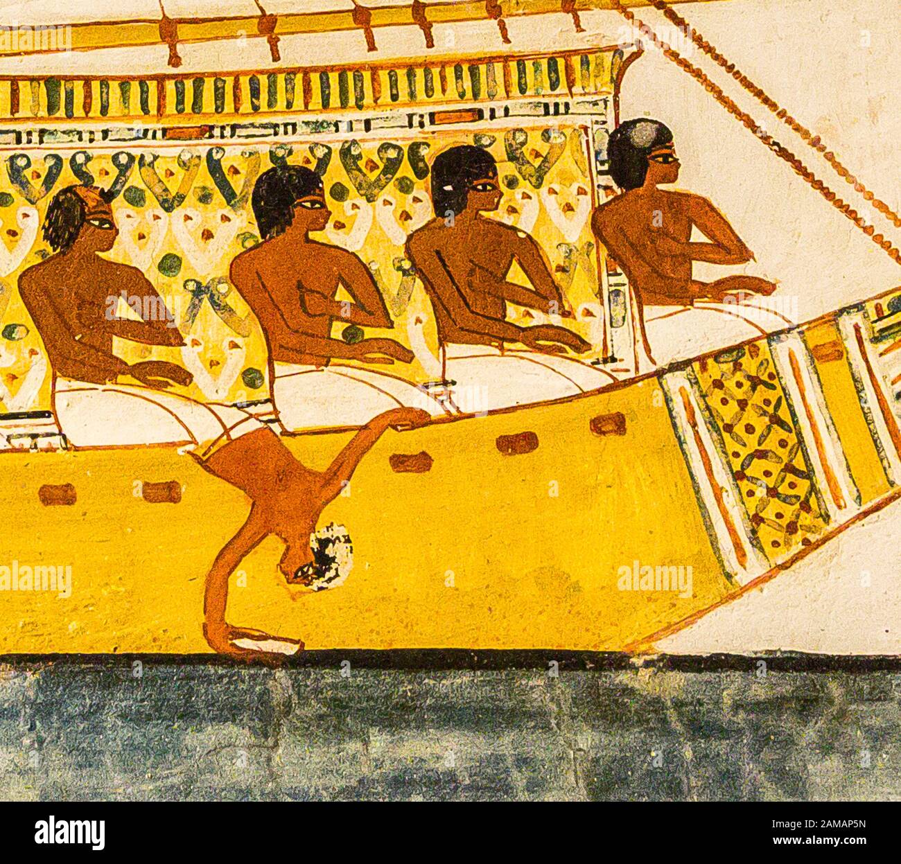 Patrimonio de la Humanidad de la UNESCO, Tebas en Egipto, Valle de los nobles, tumba de Menna. Abydos peregrinaje, un pequeño detalle divertido : un marinero se inclina acrobáticamente. Foto de stock