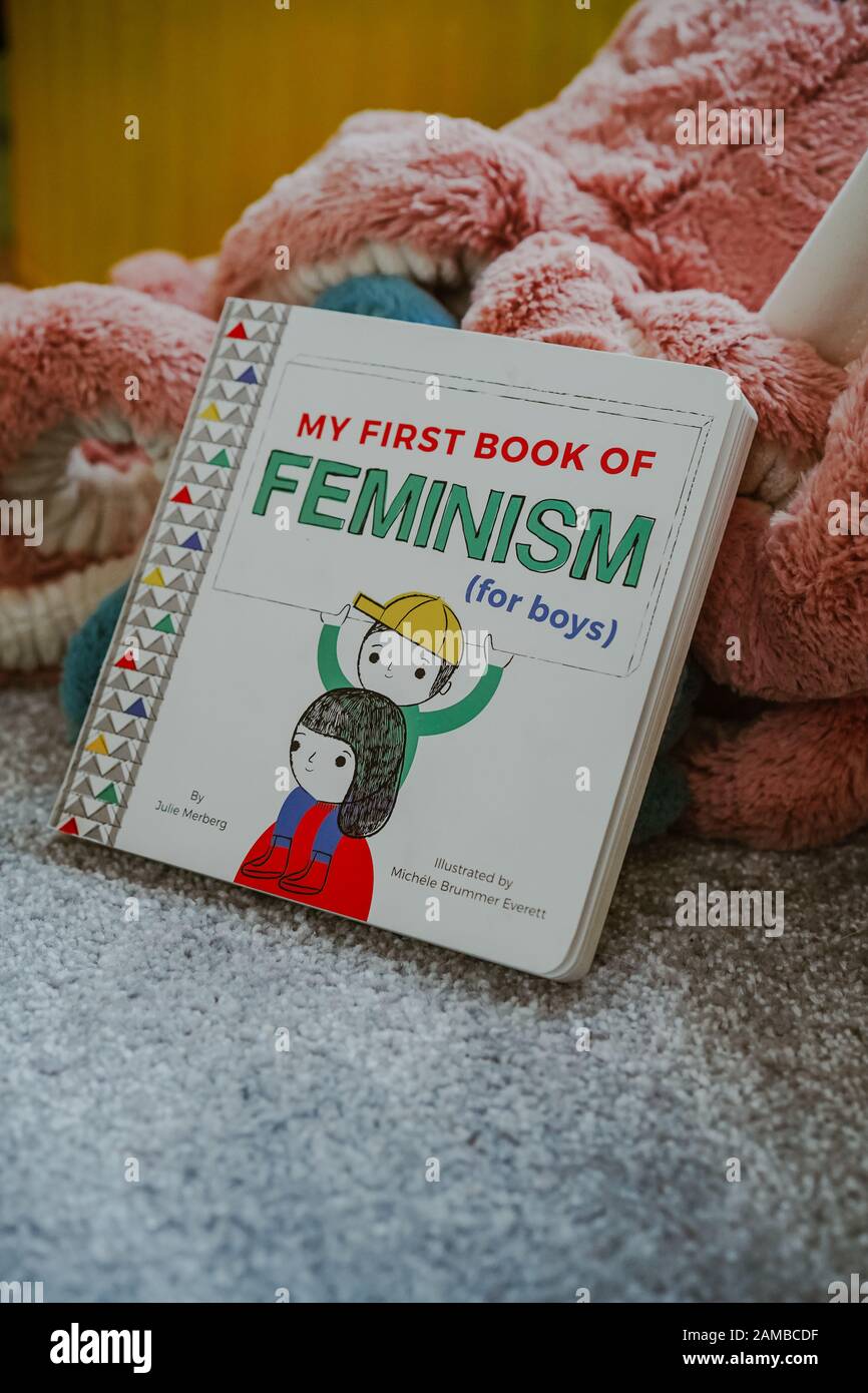 Niño pequeño leyendo 'Mi Primer libro de feminismo (para niños) por Julie Merberg Foto de stock