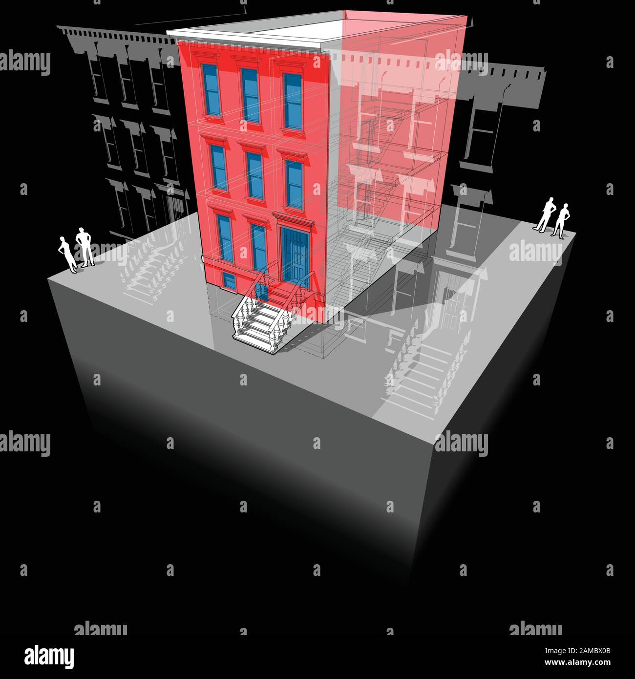 Diagrama de una típica casa adosada americana de piedra rojiza con aislamiento de pared adicional y nuevas ventanas para mejorar la eficiencia energética del edificio Ilustración del Vector