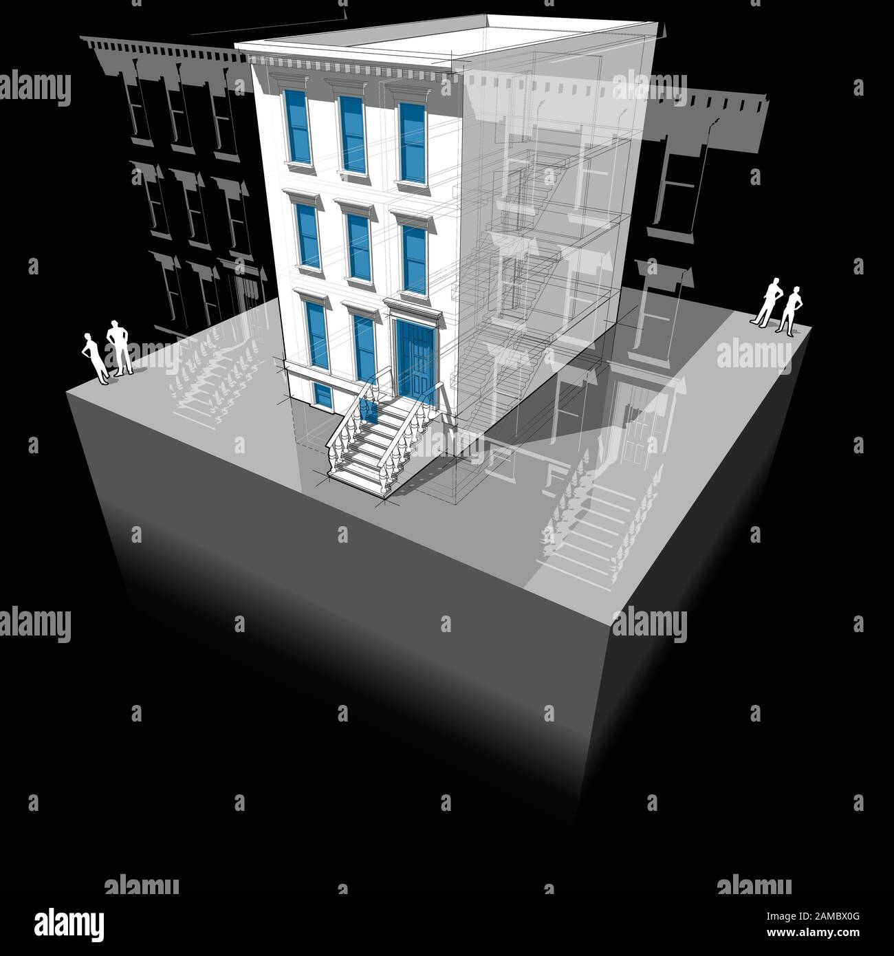 Diagrama de una típica casa americana con ventanas y puertas nuevas para mejorar la eficiencia energética del edificio Ilustración del Vector