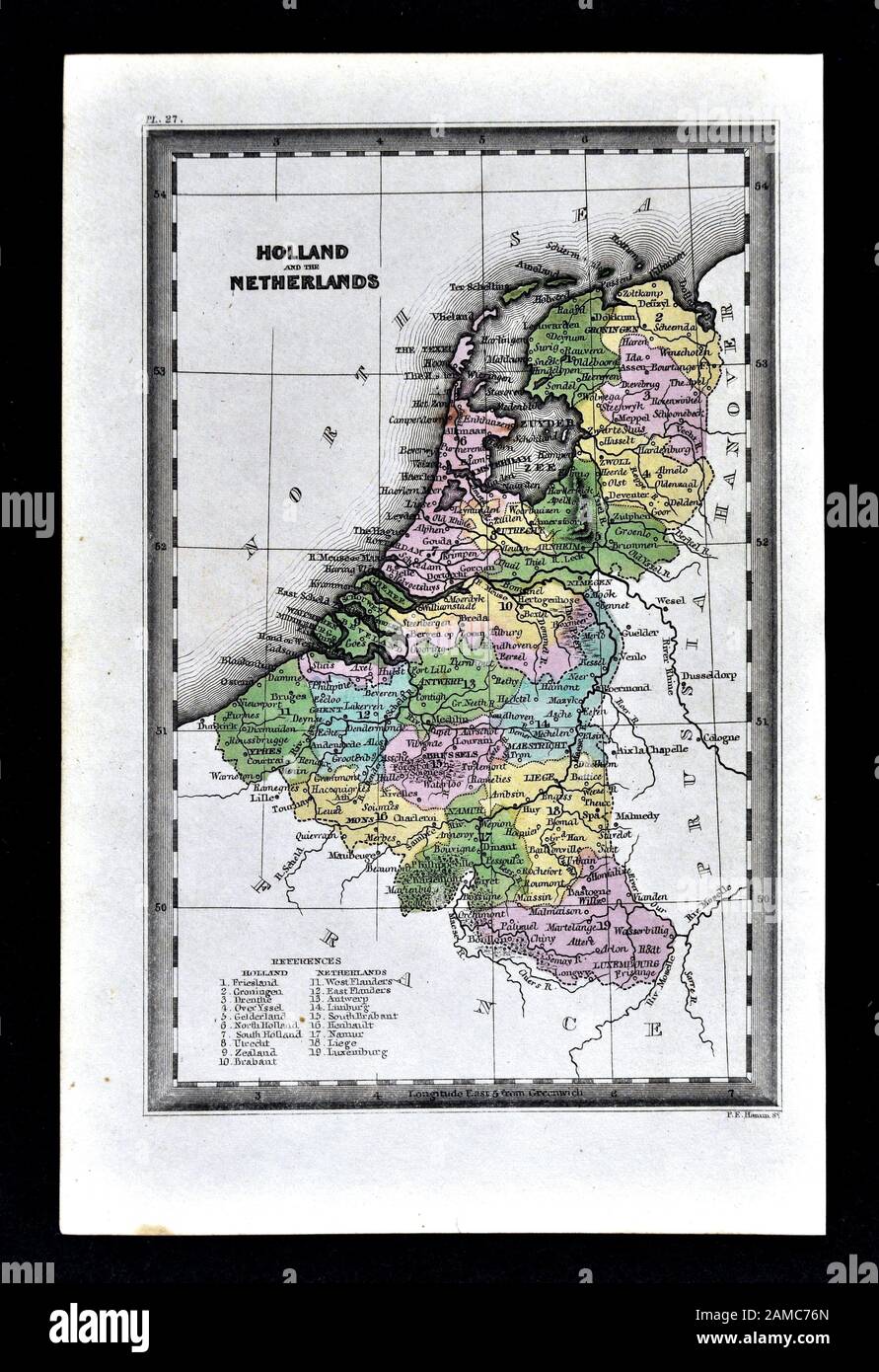 1834 Carey Mapa mostrando los Países Bajos de Holanda, Bélgica y Luxemburgo. Foto de stock