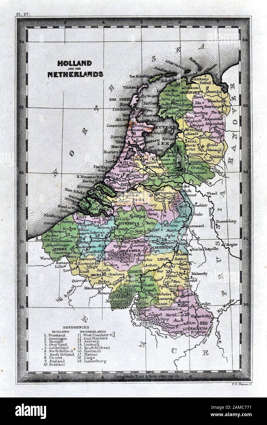 1834 Carey Mapa mostrando los Países Bajos de Holanda, Bélgica y Luxemburgo. Foto de stock