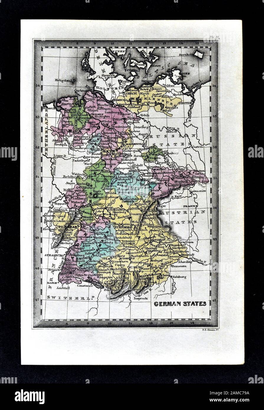 1834 Carey Mapa de Alemania Imperio alemán Berlín Munich Frankfurt Foto de stock