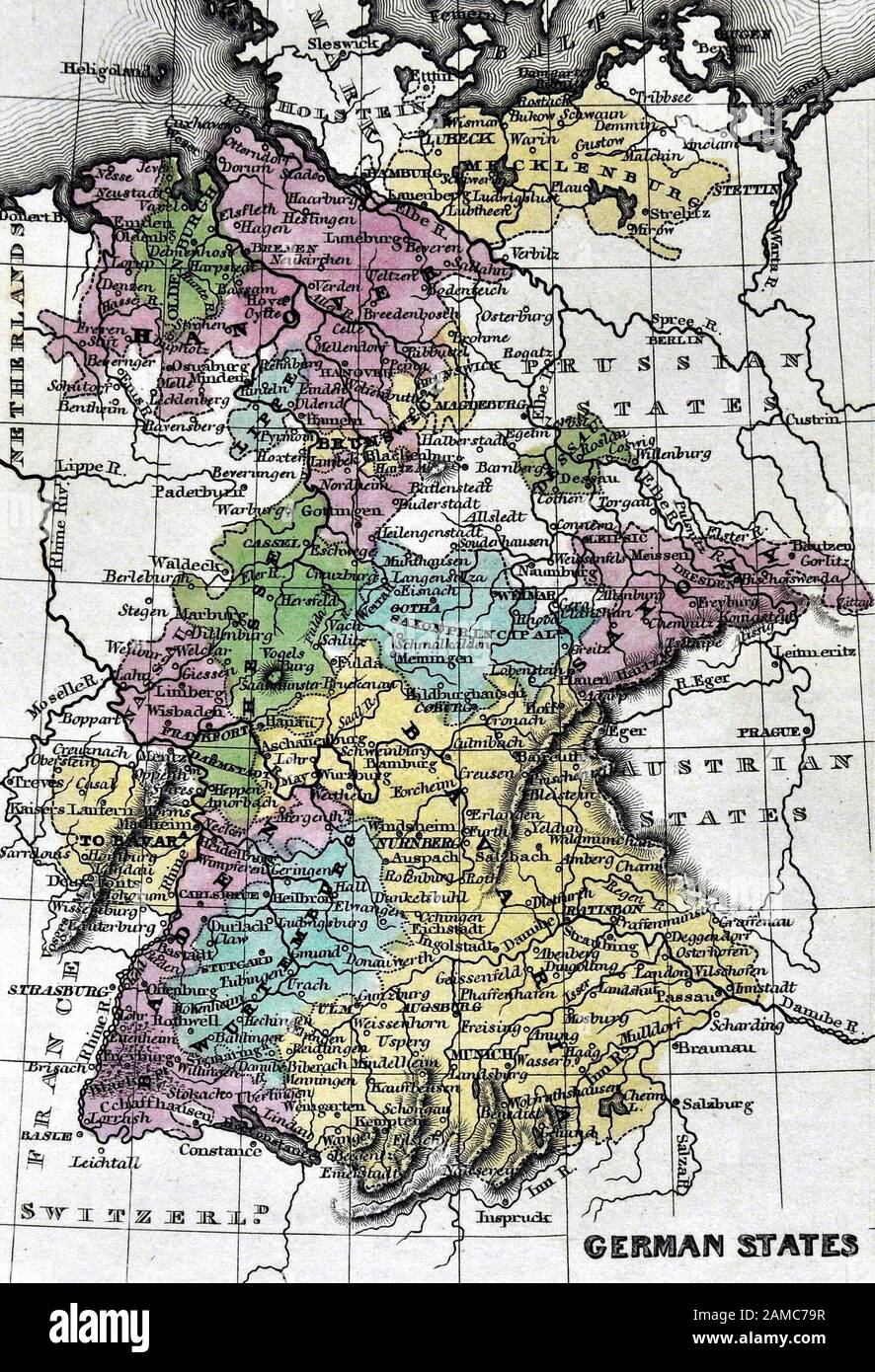 1834 Carey Mapa de Alemania Imperio alemán Berlín Munich Frankfurt Foto de stock