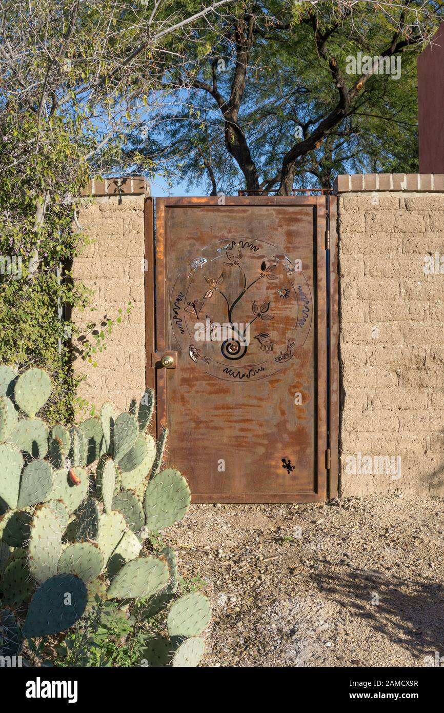 Puerta de metal color óxido angustiado en la pared de adobe de lado jardín renovado casa indica gentrificación en gentrifying Barrio Histórico Distrito Tucson Foto de stock