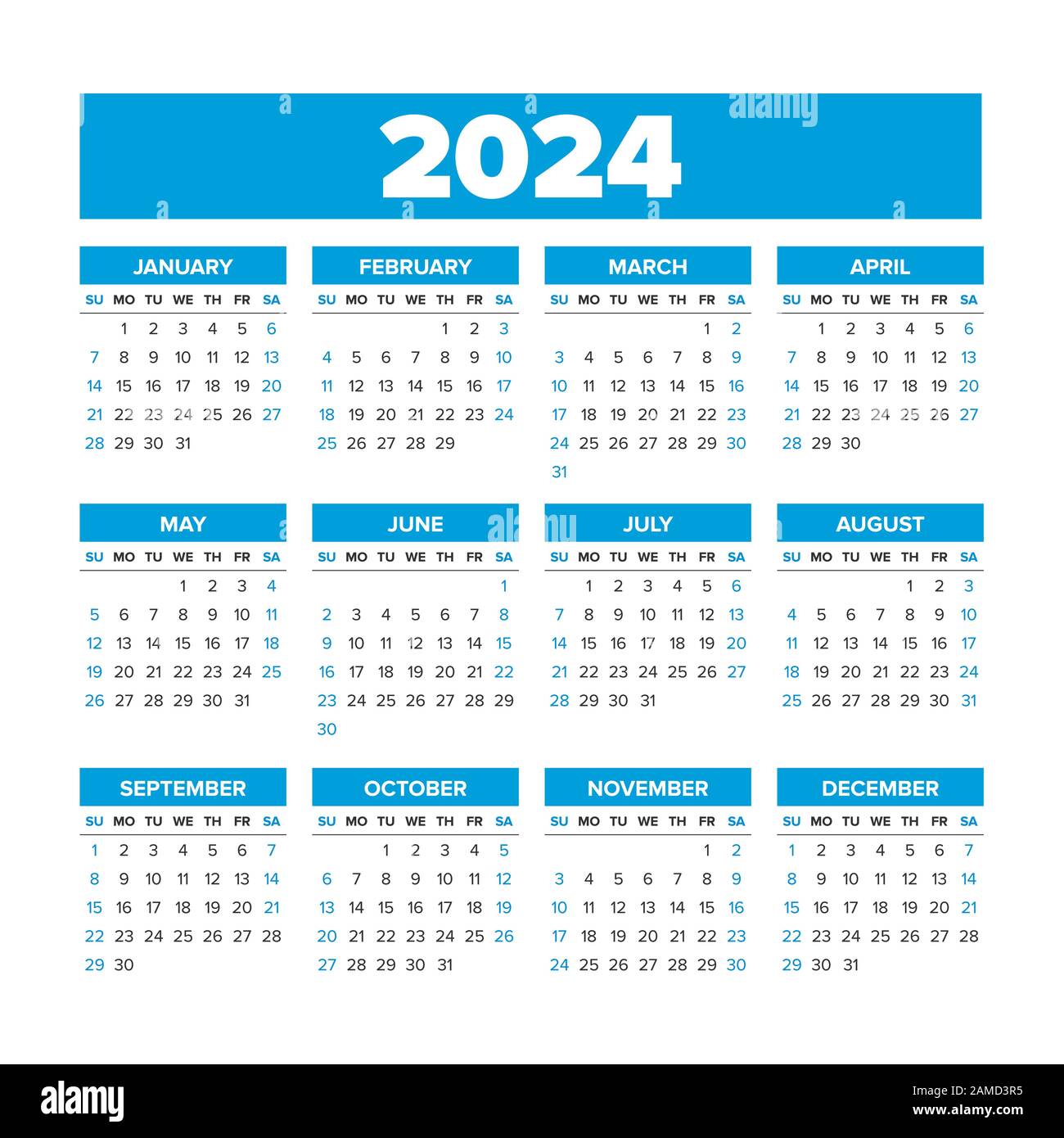 Calendario Vectorial Simple 2024. Las semanas comienzan el domingo