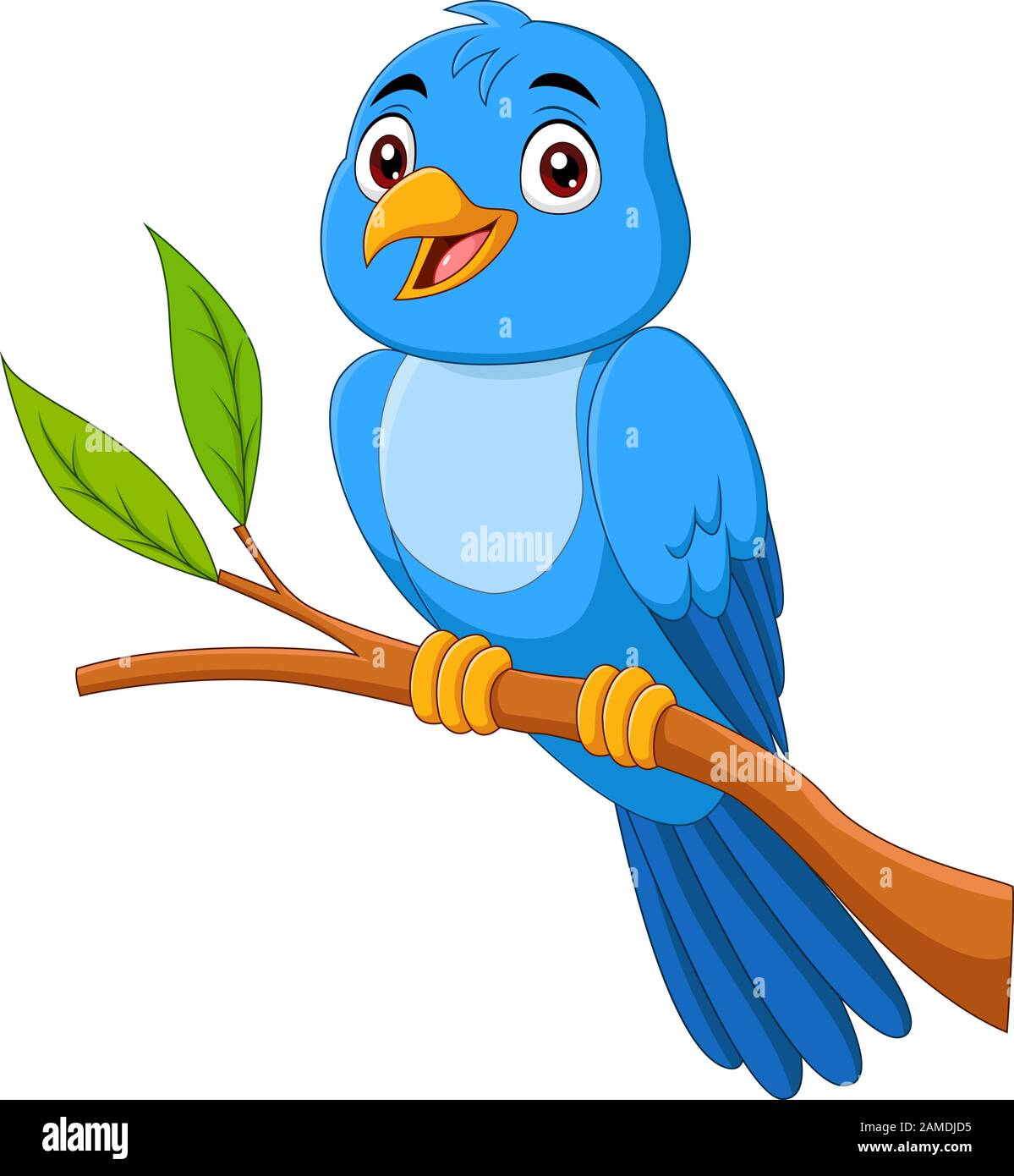 Pájaro azul de dibujos animados sentado en la rama del árbol Imagen Vector  de stock - Alamy