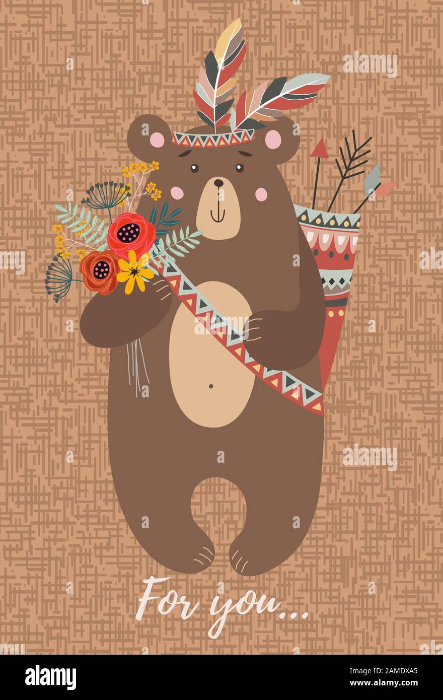 Carácter dibujado a mano lindo oso tribal con ramo de flores, plumas y flechas para diseño de decoración, tarjetas o carteles. Vector infantil Ilustración del Vector