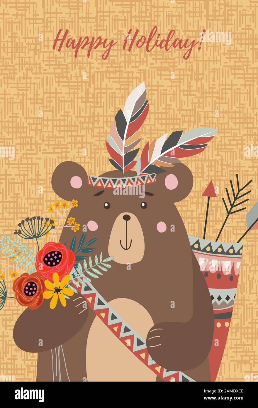 Personaje dibujado a mano lindo cara oso tribal con ramo de flores, plumas y flechas para diseño de decoración, tarjetas o carteles. Vector infantil Ilustración del Vector