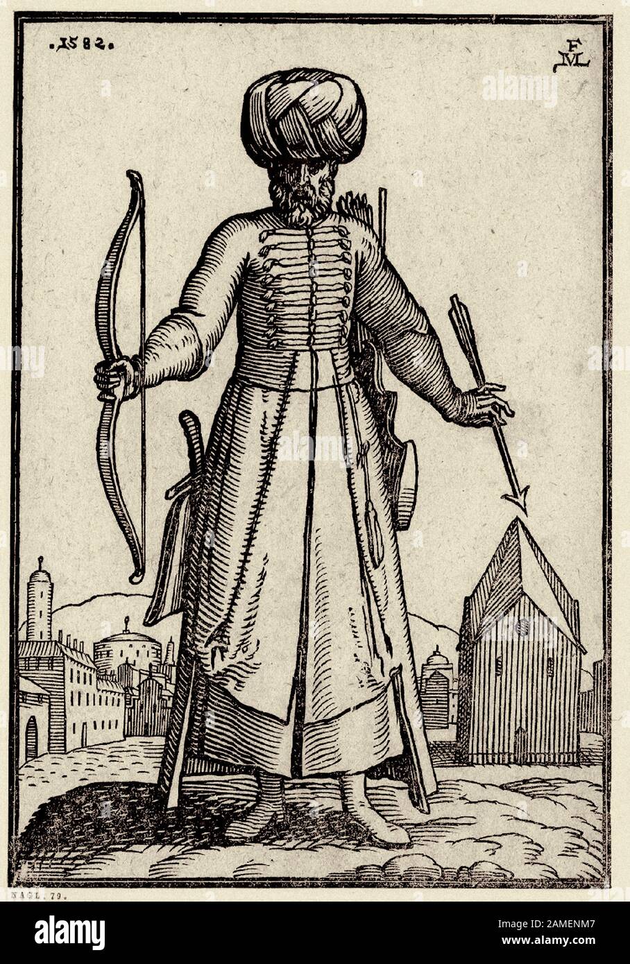 La historia del Imperio Otomano. Un arquero barbudo está usando una capa larga y turbante; un gran alador sobre su hombro derecho, el arco en su mano izquierda. Foto de stock