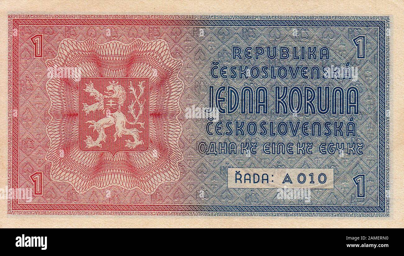 Antiguo billete de la Primera República checoslovaca 1 CZK utilizado en el período de la ocupación nazi alemana. ( Protectorado de Bohemia y Moravia). 1939-1945 Foto de stock