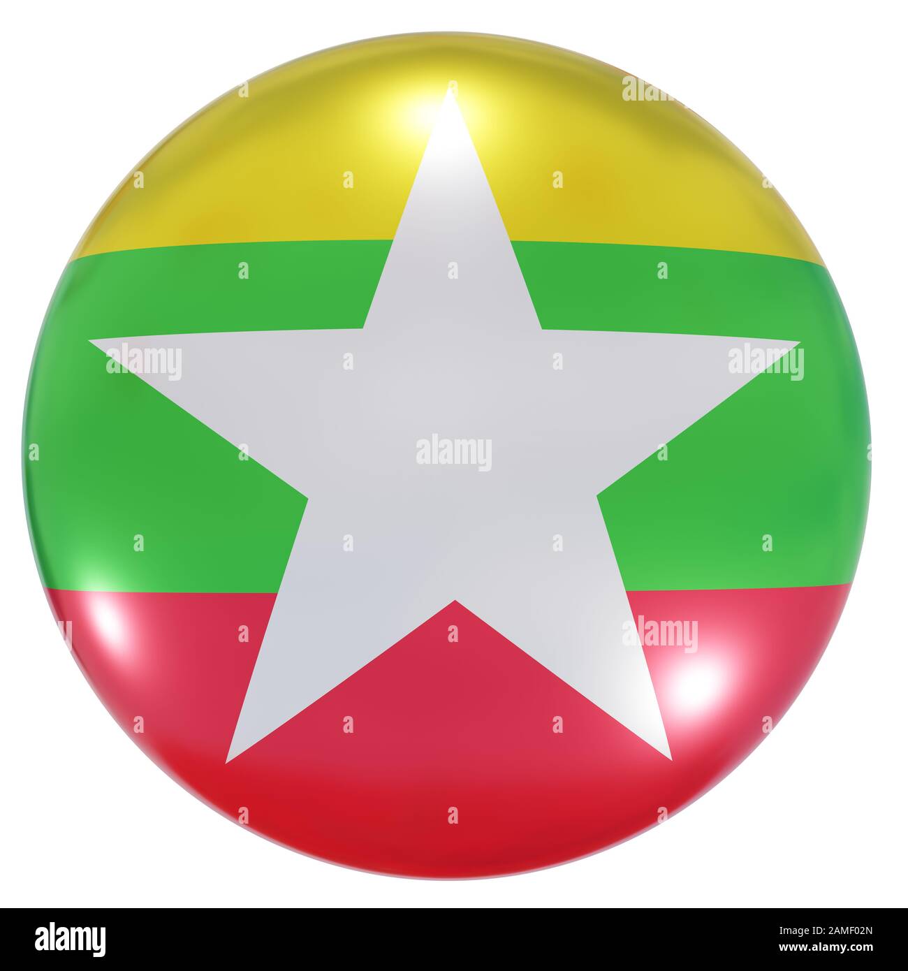Representación en 3D de una bandera nacional de Myanmar en un icono circular aislado sobre fondo blanco Foto de stock