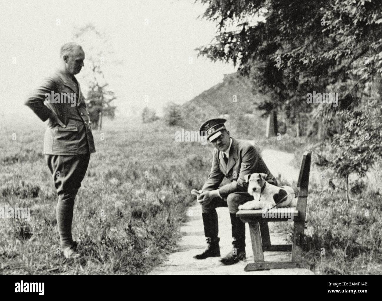 Joachim von Ribbentrop, el ministro de Asuntos Exteriores, y Adolf Hitler, el canciller imperial alemán con el perro (terrier zorro) en la cabecera principal del Fuhrer Foto de stock
