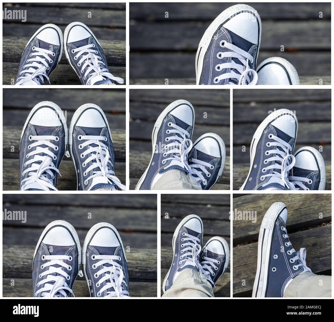 Juego de sneakers azules en los pies sobre fondo de madera. Vista superior. Foto de stock