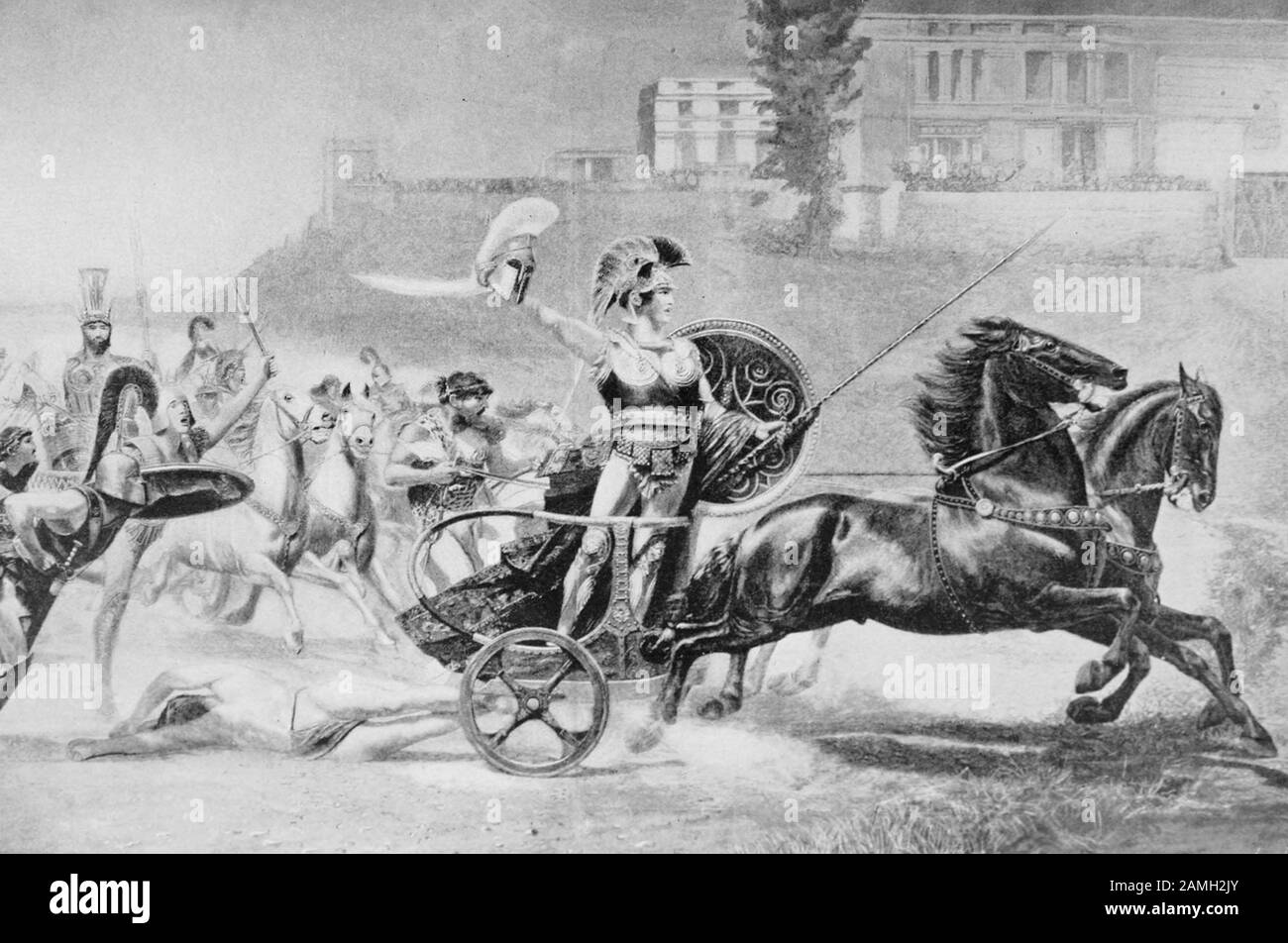 Ilustración de Aquiles montando un carro tirado por caballos arrastrando el cuerpo de Héctor, por el artista R von Deutch, desde el libro 'la historia de las Naciones Más Grandes' de los autores es Ellis y CF Horne, publicado por FR Niglutsch, 1913. Archivo De Internet De Cortesía. () Foto de stock