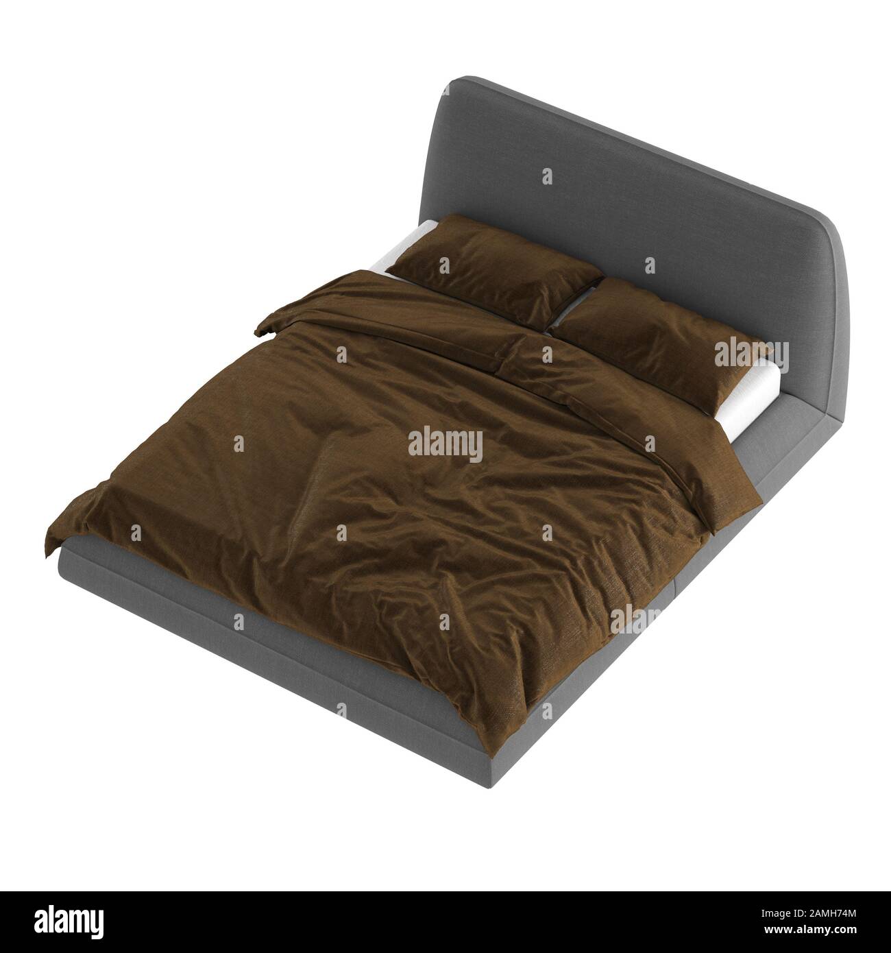 Una cama doble de color gris suave sin encerados con ropa de cama marrón sobre fondo blanco. renderizado en 3d Foto de stock