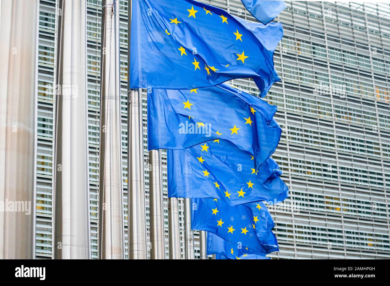 Las banderas de la Unión Europea en el Distrito Europeo de Bruselas (Bélgica) Foto de stock