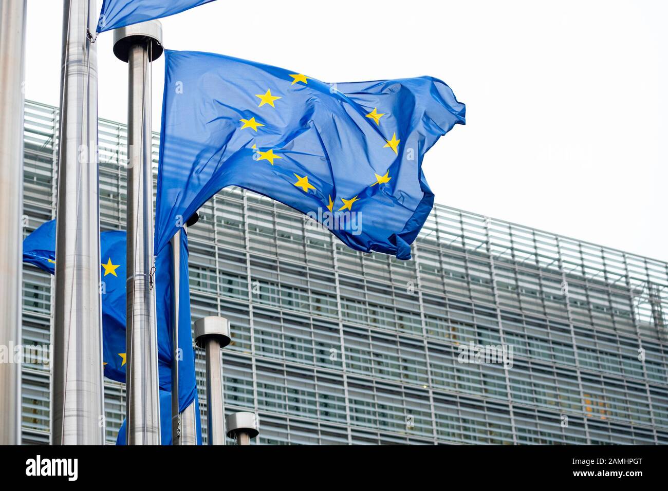Las banderas de la Unión Europea en el Distrito Europeo de Bruselas (Bélgica) Foto de stock