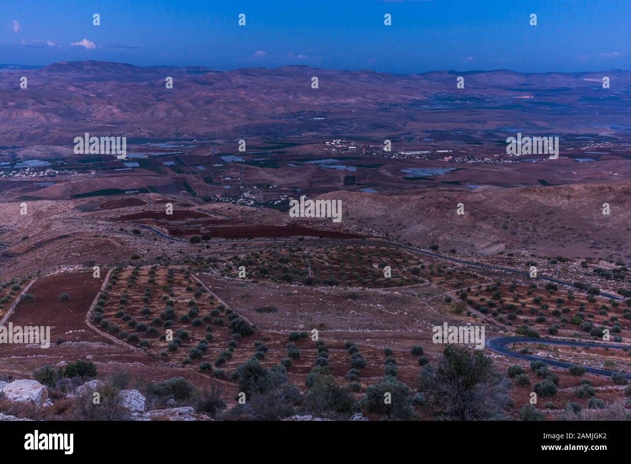 Mañana Amanecer del valle del Jordán, el valle del Jordán, cerca de Ajloun, también ajlun, Jordania, Oriente Medio, Asia Foto de stock