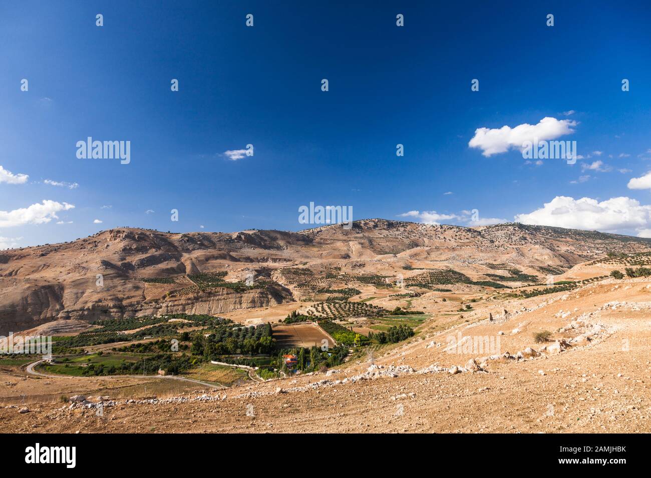 Por la mañana vista del valle del Jordán, el valle del Jordán, cerca de Ajloun, también ajlun, Jordania, Oriente Medio, Asia Foto de stock