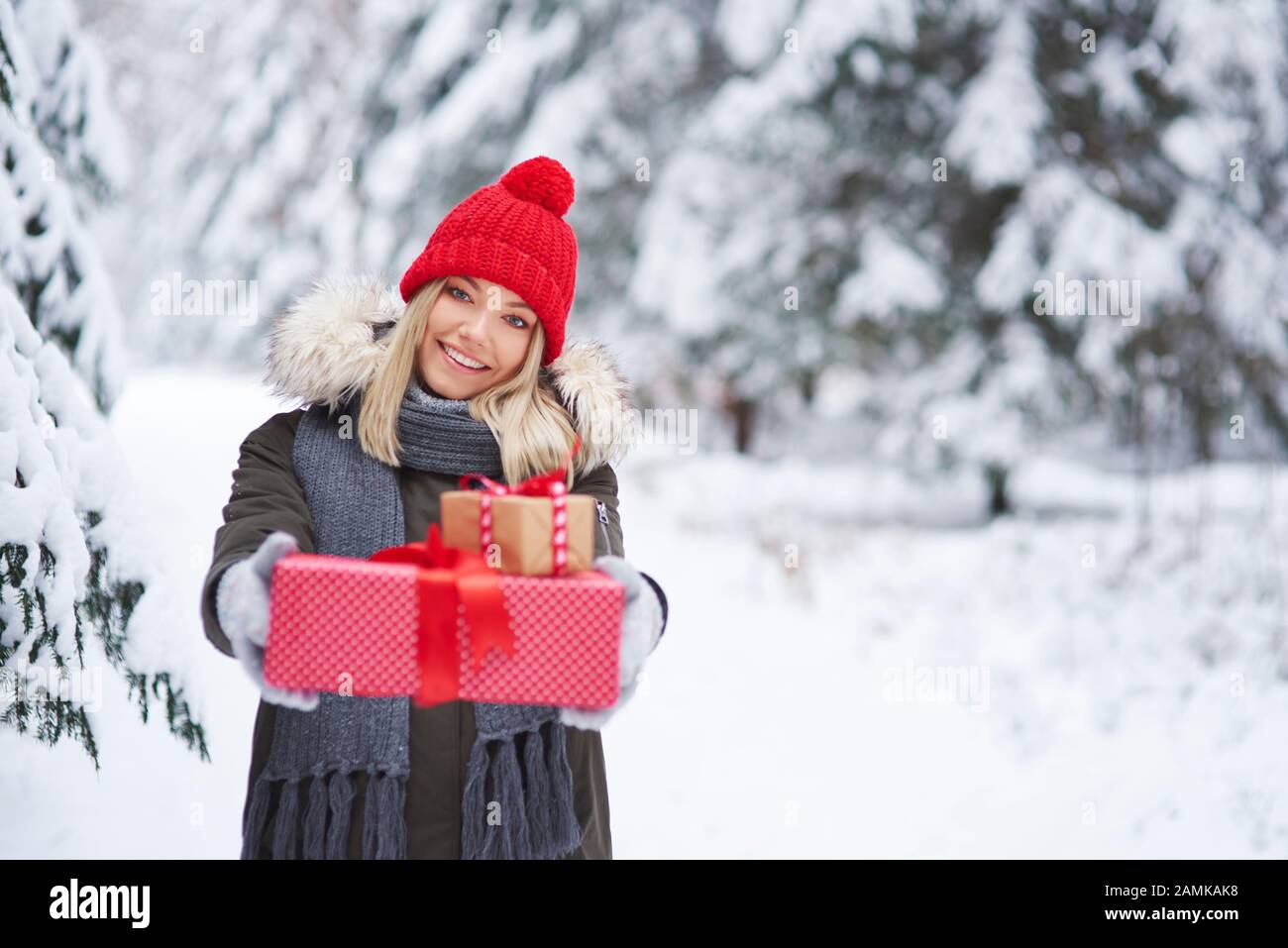 Retrato de mujer sonriente dando dos regalos de Navidad Foto de stock